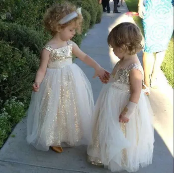 

2019 Newest Champagne Sequins Flower Girl Dress for Wedding Zipper Back Square Neck Little Girls Birthday Dress Formal Wears