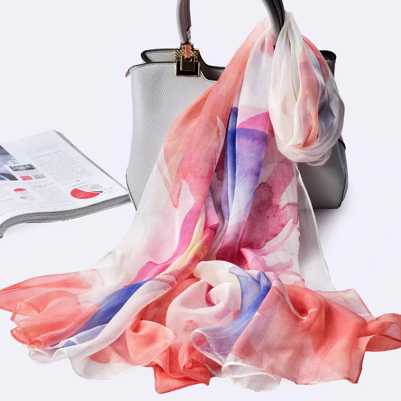 Настоящий шифоновый шелковый шарф для женщин китайский натуральный шелковый платок для женщин роскошный брендовый шелковый шарф большого размера с принтом - Цвет: Color 3
