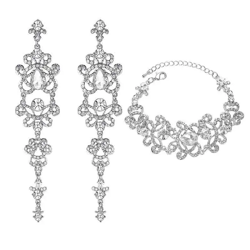 Minmin Модные женские свадебные ювелирные наборы в форме капли с синими кристаллами, серьги в виде цветка, браслет, ювелирные наборы EH166+ SL032 - Окраска металла: silver