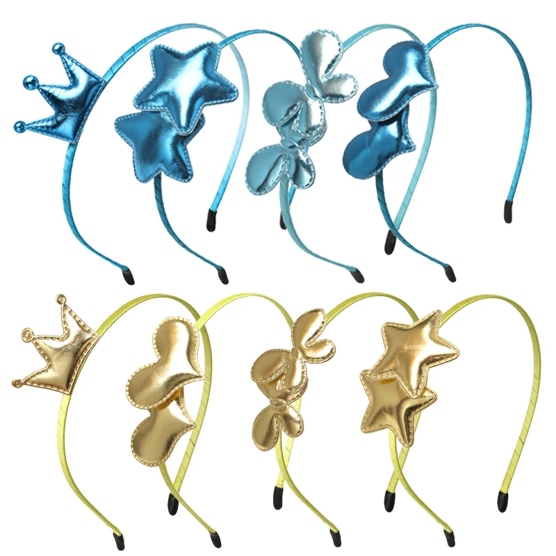 1PC Metallic Color PU Star Hairbands Kids Children Heart Butterfly Headbands Princess Crown Headwear