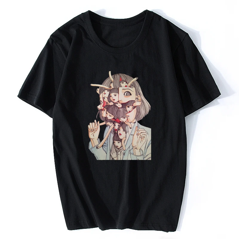 Man Manga Junji Ito T Shirts Shintaro Kago Girl Tees Shirt Top Design Short-sleeved Aesthetic Japanese Anime Shirt - Цвет: Черный