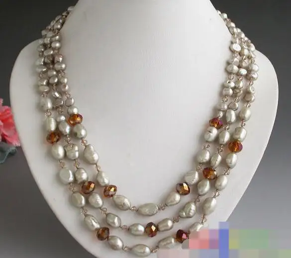 

3625 3row gray baroque freshwater pearl Austria faceted crystal NECKLACE