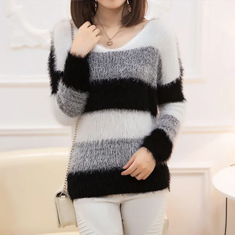 

New winter sweaters 2019 fashion Korea was thin loose mohair women clothing hedging bottoming striped thicker pullovers 7504
