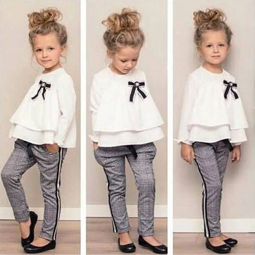 

Baby Girls Clothes Set Toddler Kids Ruffle T Shirt Long Sleeve Tops+Checked Pants 2Pcs Children Autumn School Girl Clothes Sets