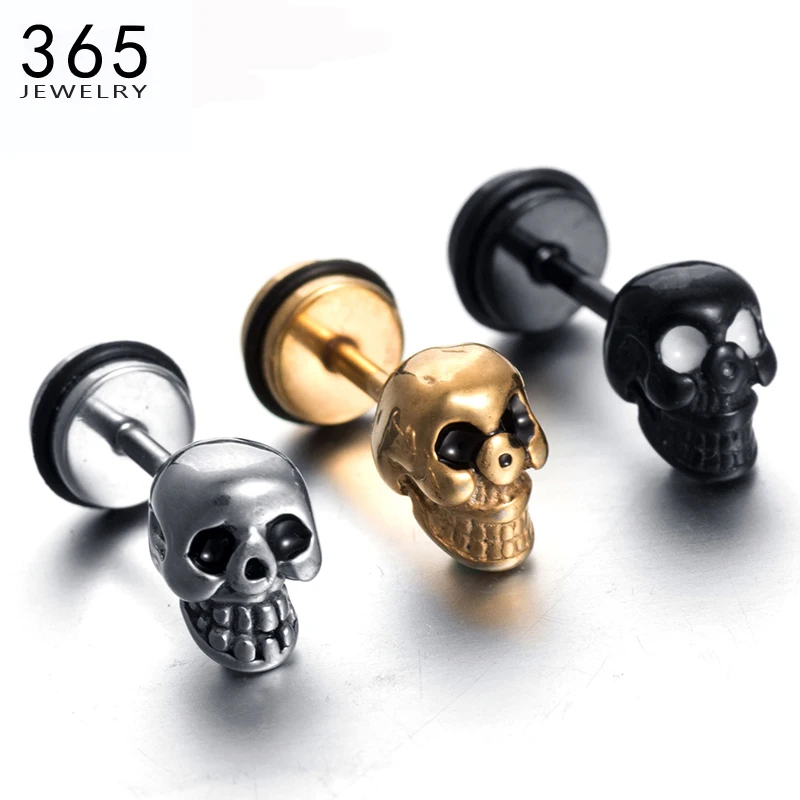 

New Arrival Punk Stainless Steel Skull Stud Earrings 3 Colors Mini Retro 3D Figure Ear Stud Earrings for Women