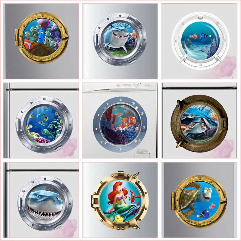

3D Smiling Big Shark Nemo Dory Submarine Portholes Windows Wall Stickers For Washing Machine Decoration Diy PVC Wall Art Decals