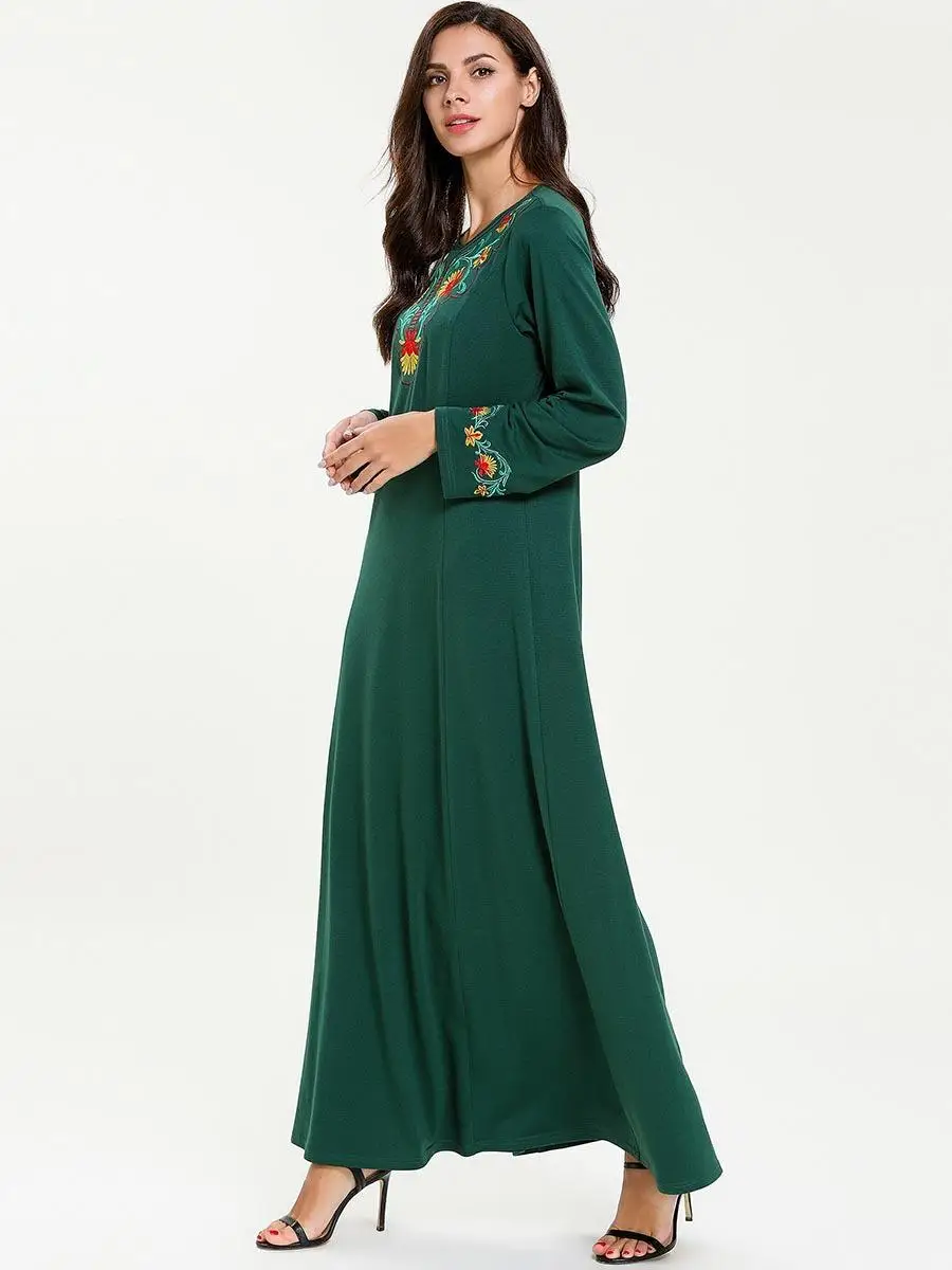 Длинное трикотажное платье с вышивкой Abaya Кафтан Макси халат для мусульманских