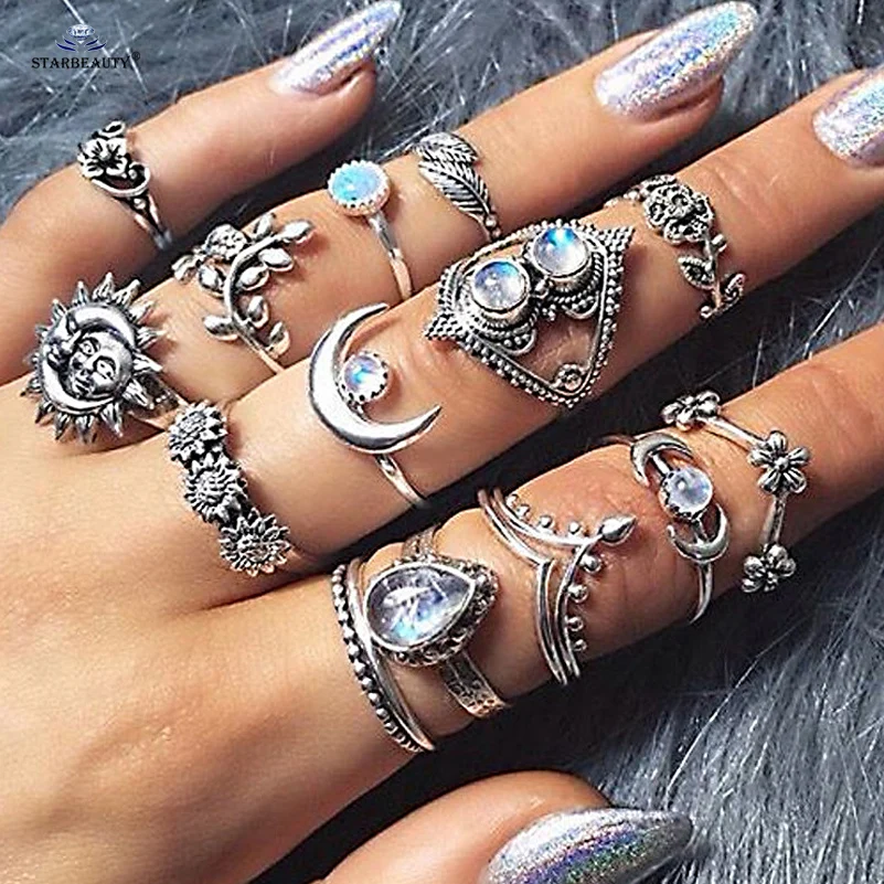 

14 pcs/lot Leaf Bijoux Rose Sun Flower Moon Finger Rings Men Toe Ring Set Wedding Ring Toe Rings for Women Piercing Body Jewelry