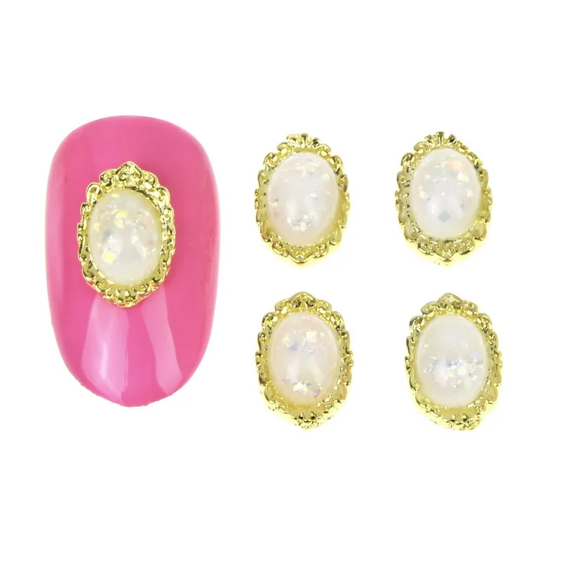 10Pcs/Lot New Gold Metal Nail Charms Oval Gem Stone Alloy Nail Art