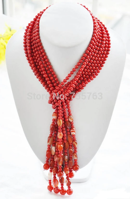 

xiuli 0014577 100% real 4strands 50" 6mm red coral agate bead necklace