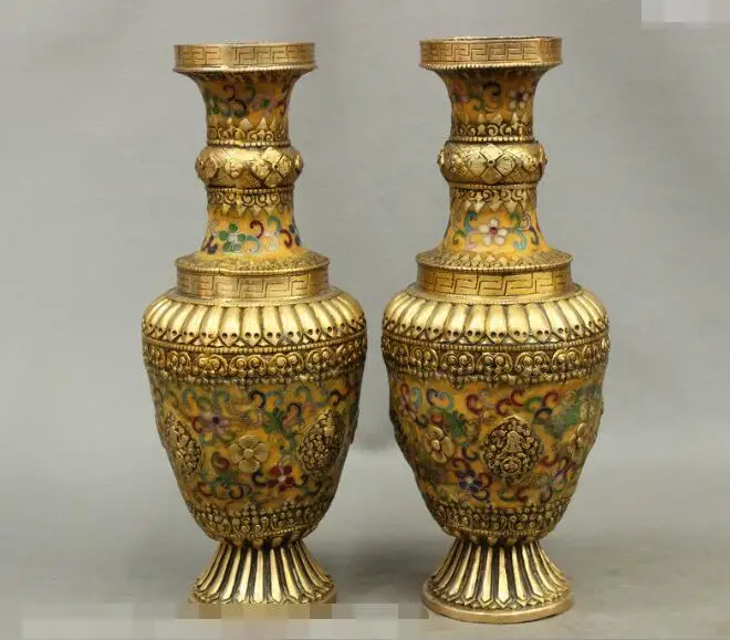 

S03212 13 Marked 8 Auspicious Symbol Statue China Cloisonne Enamel Bronze Vase Pot Pair (B0413)