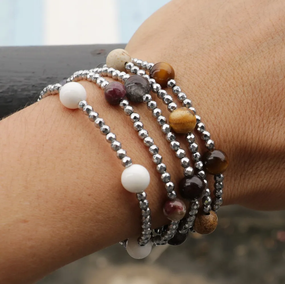 

Lotsale 5pieces Hematite And Natural Stone Beads Stretch Bracelets