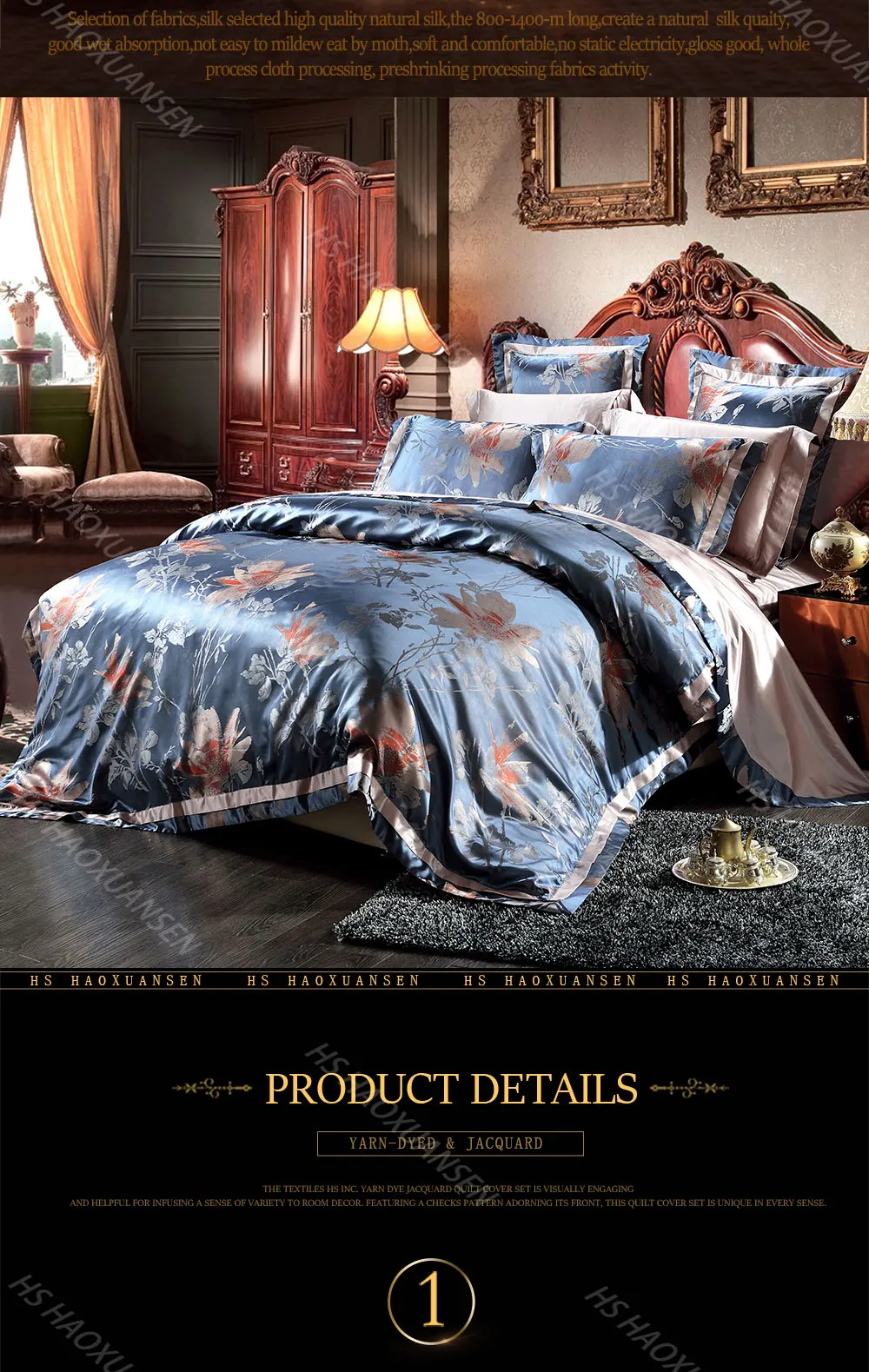 Hs Luxury 28 Momme Mulberry Silk 4pcs Bedding Sets Jacquard Satin