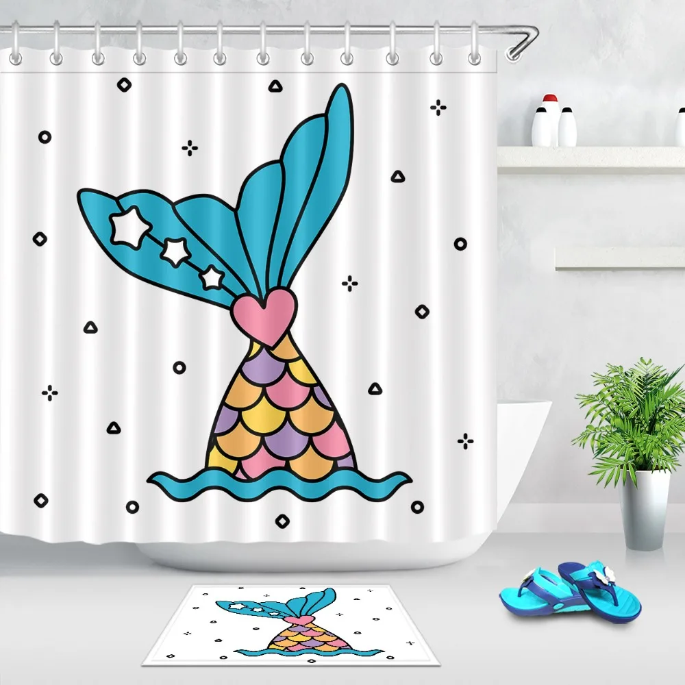

LB Mermaid Fish Tail White Shower Curtain with Mat Set Bathroom Extra Long Waterproof Polyester Fabric For Kids Bathtub Decor