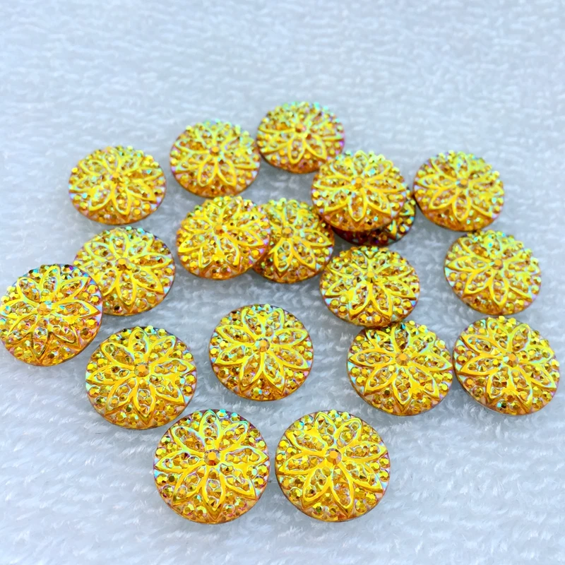 

Diy40 pieces 14 mm yellow round floral flat back party decorating wedding button resin crafts.