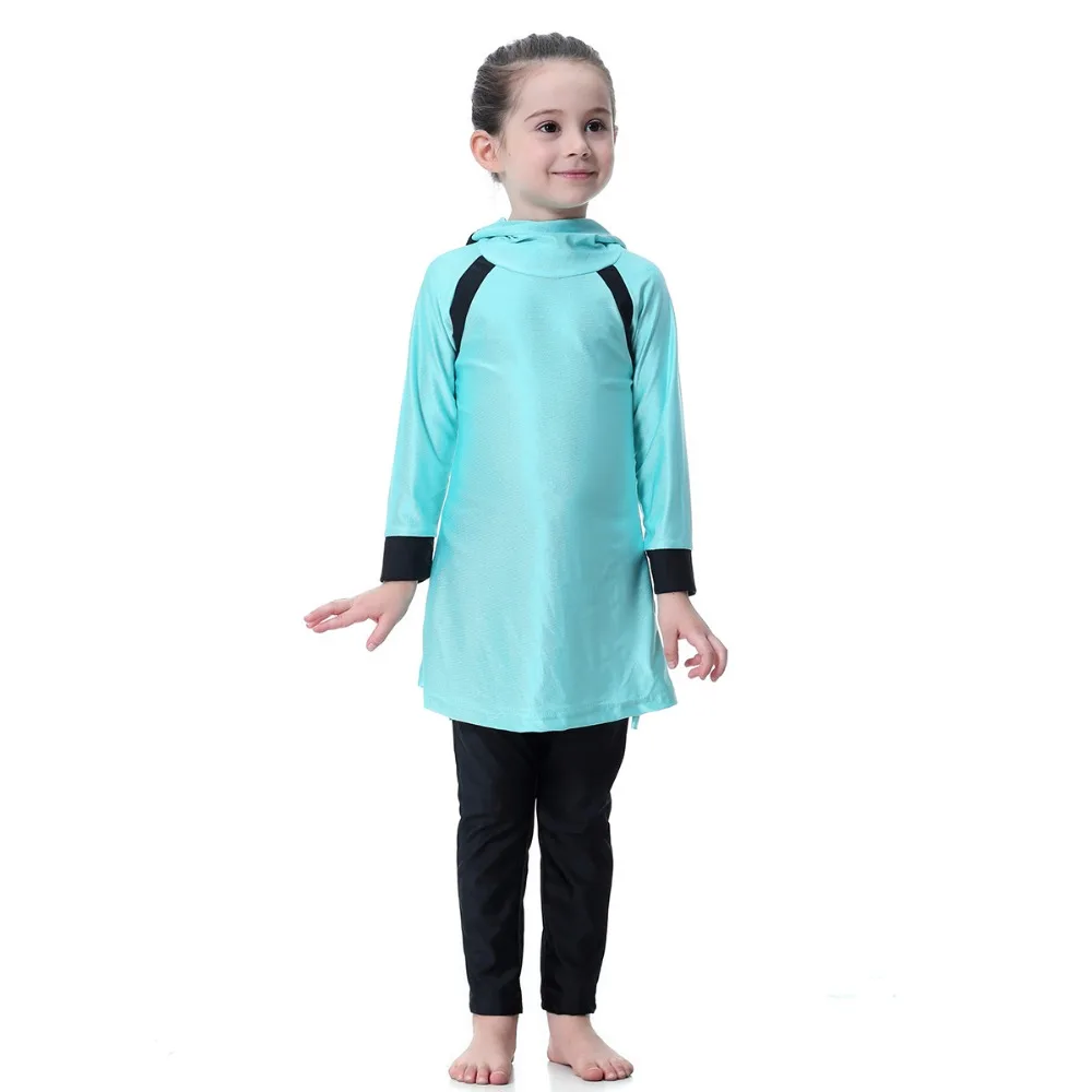 Для девочек Купальники Толстовка Мусульманские купальники свет Цвет полное покрытие дети из двух частей арабских Ислам долгое плавание водолазные костюмы Burkinis