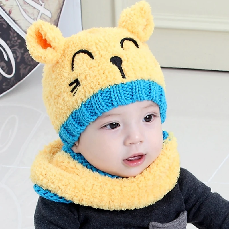 

Free Shipping Cute Yellow Color Winter Baby Scarf Hat Set Warm Kids Caps Hats For Girls Lovely Cap And Scarf Kids Cotton Cap