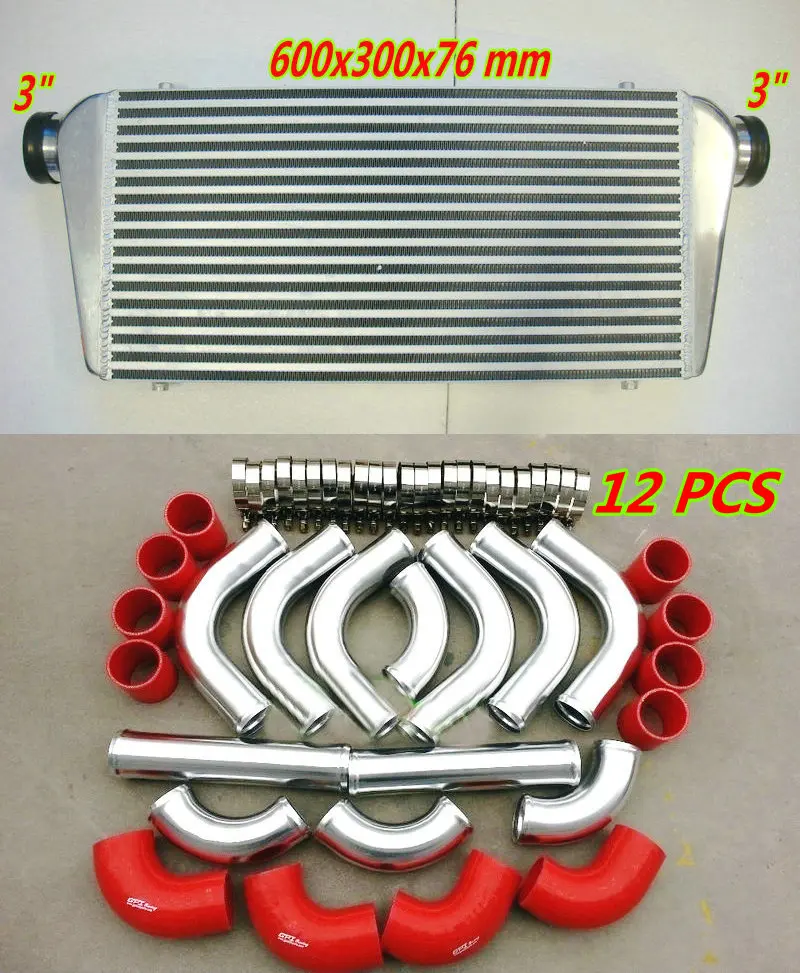 Алюминиевый турбоинтеркулер для 600x300x76 мм In/Out " трубы+ 12 шт. силиконовый шланг Трубопроводы вентиляторы трубки и Fin спереди крепление 600x300x76