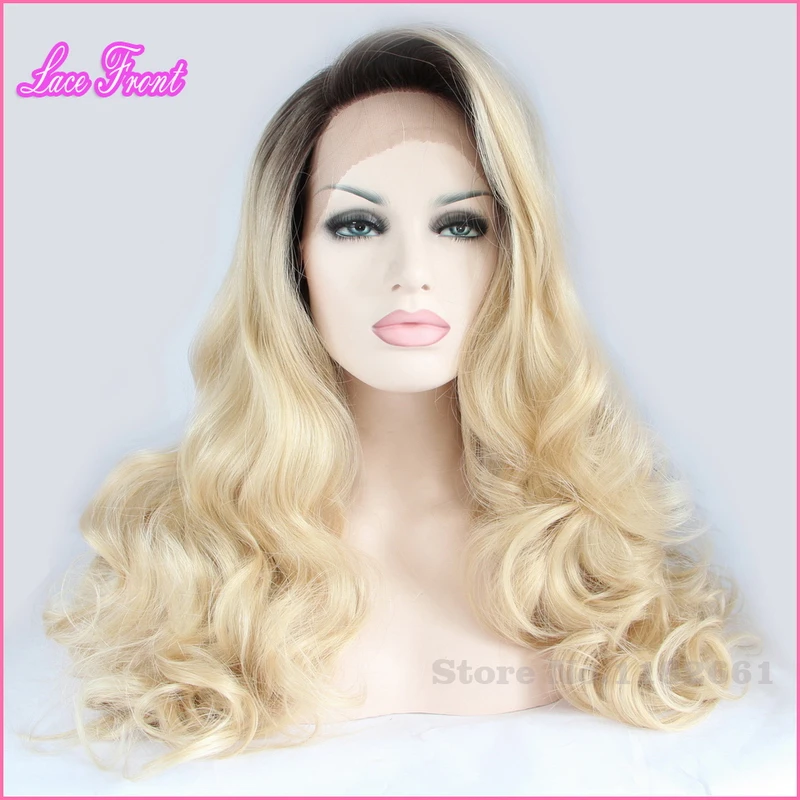 

High Quality Heat Resistant Synthetic Black Blonde Ombre Wavy Synthetic Lace Front Wig Two Tone Cheap Afro Wigs for Black Women