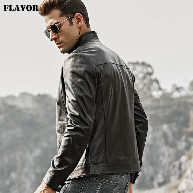 FLAVOR Men’s Real Leather Jacket Men Motorcycle Lambskin Slime Fit Genuine Leather Coat with Standing Collar