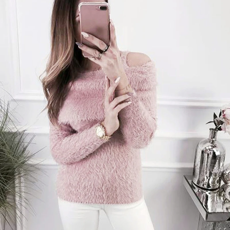 

New Women's Warm Autumn Winter Cold Shoulder Sweaters and Pullovers Slim Plush Fluffy Jumper Knitted Pullover