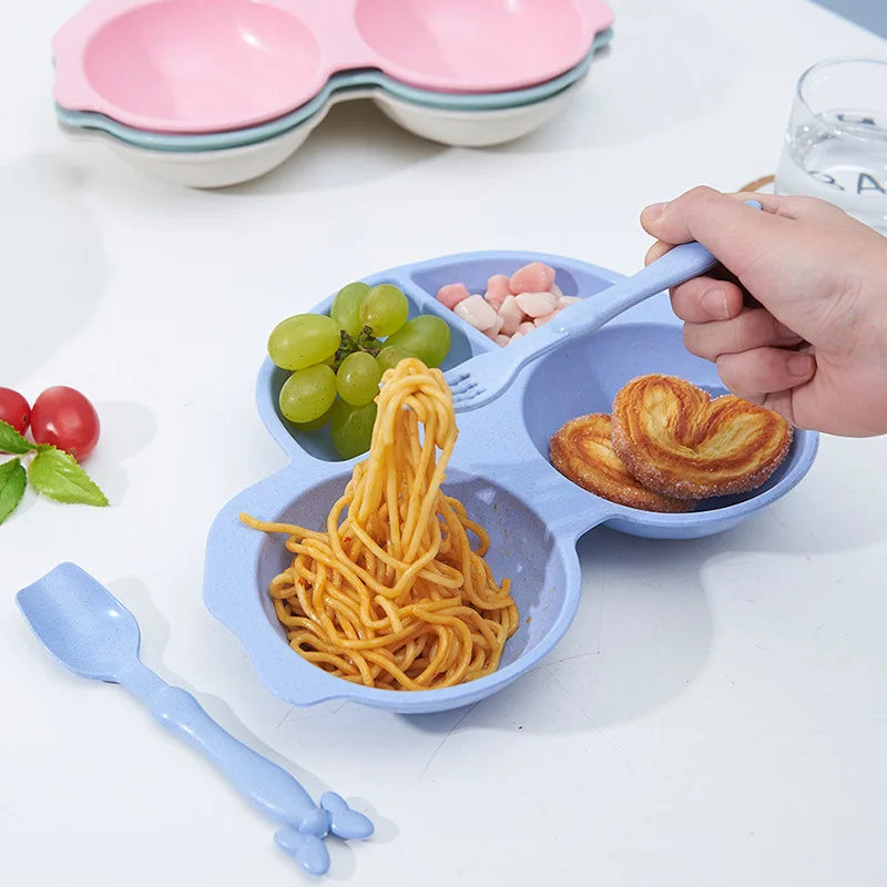 

3pcs Children Car Wheat Straw Tableware Set Plate with Spoon Fork Cartoon Sub-grid Kids Dishes Eco-friendly Dinnerware Set