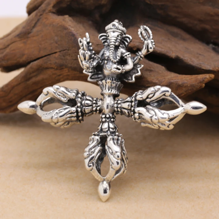 Handcrafted 925 Silver Tibetan Ganesh Buddha Vajra Pendant vintage