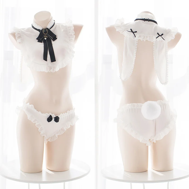 

Anime Rabbit Girl Cosplay Costume Sexy Lingerie Lolita Chiffon Camisoles Set White Tops & Panties & Tail Underwear Set Wholesale