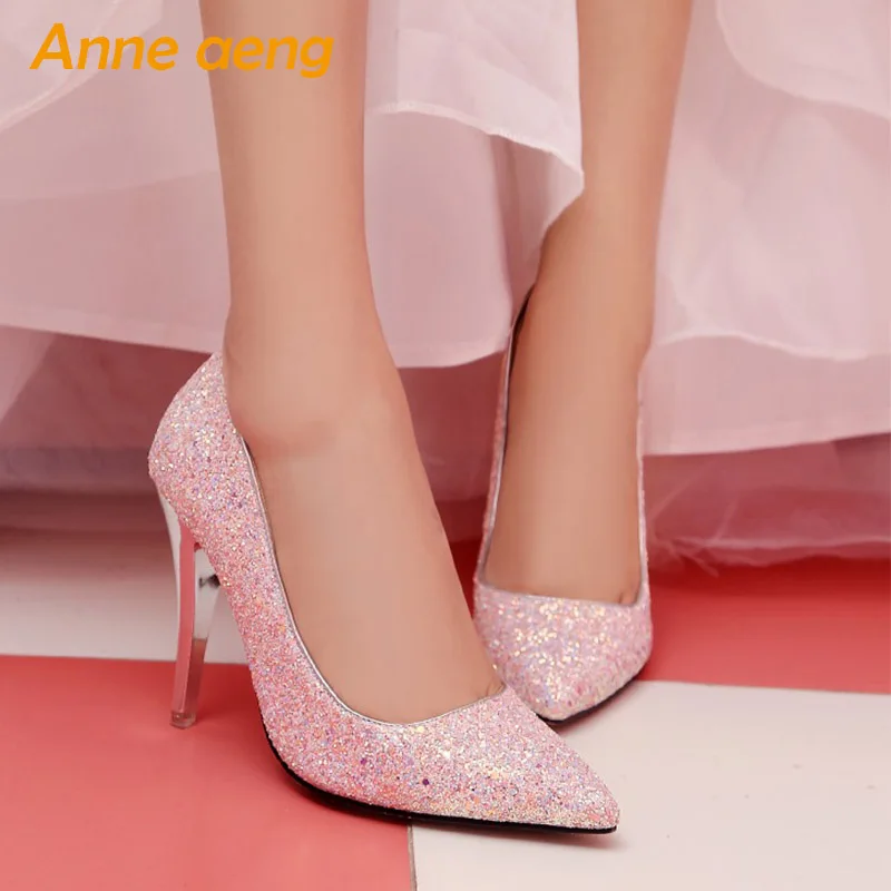 women pumps High thin heel bling Bridal wedding shoes classic pointed toe Sexy Ladies party shoes White High Heels size 34-43
