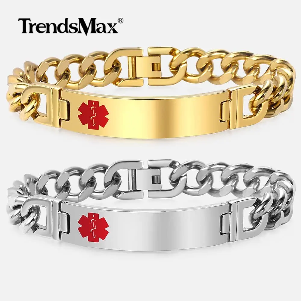 

11mm Medical Care Alert ID Bracelet for Women Men Sliver Gold Color Stainless Steel Chain Emergency Rescue Mens Jewelry KBM165
