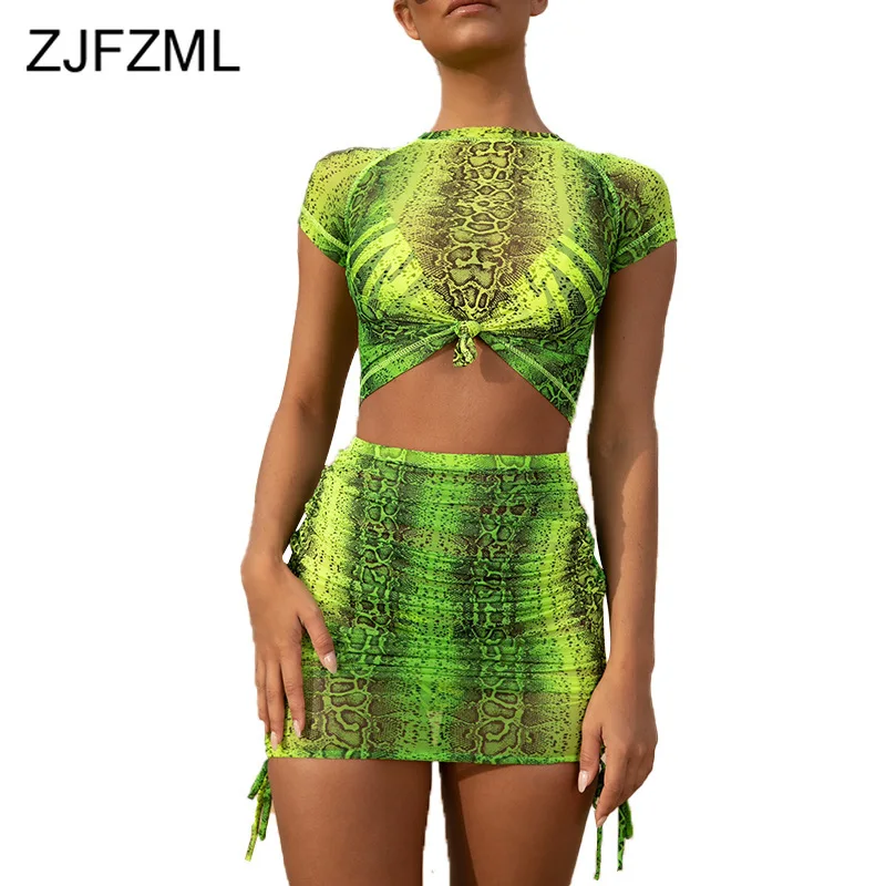 

Snake Skin Print Sexy Two Piece Sets Summer Clothes For Women O Neck Short Sleeve Crop Top And Bodycon Mini Skirts Club Outfits
