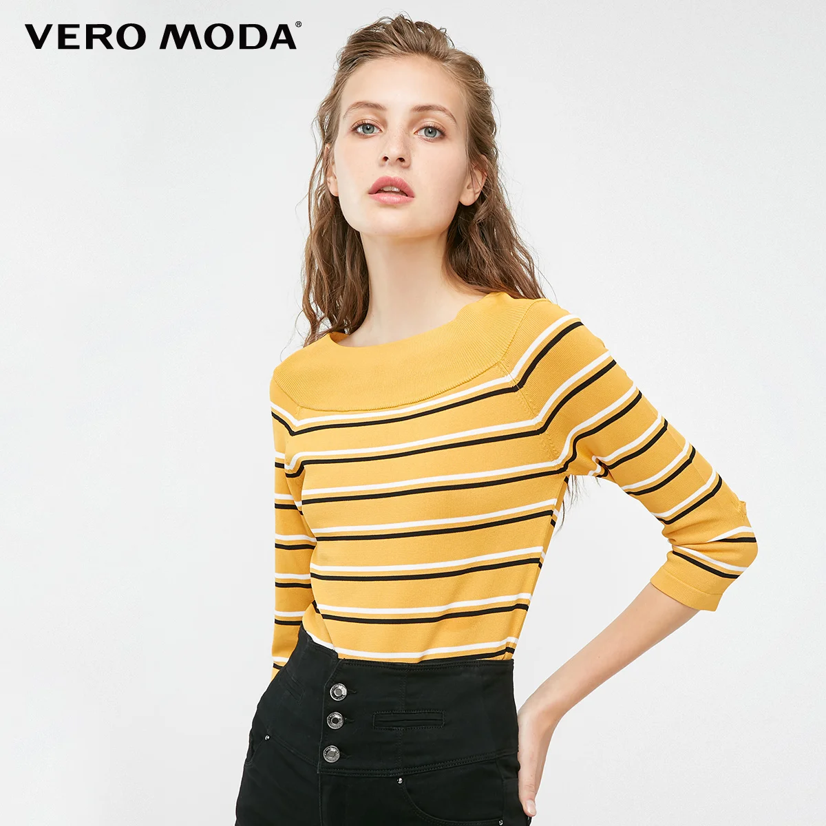 Vero Moda Новая Женская Полосатая с вырезом лодочкой 3/4 рукавами облегающая трикотажная | 318424505 - Цвет: Mustard