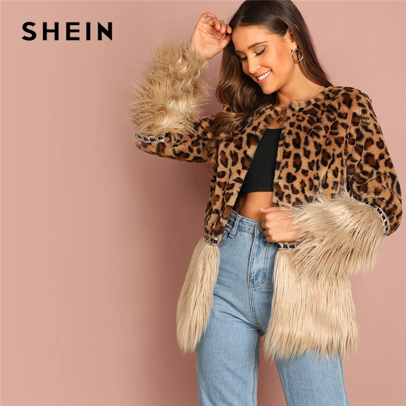 SHEIN Пальто Из Искусственного Меха С Контрастной Отделкой Модное Укороченное Эко