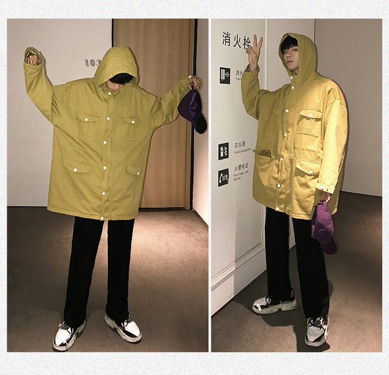 Mens Long Hooded Trench Coat Casual Spring Windbreaker Coat Men Korean Overcoat Hip Hop   (3)