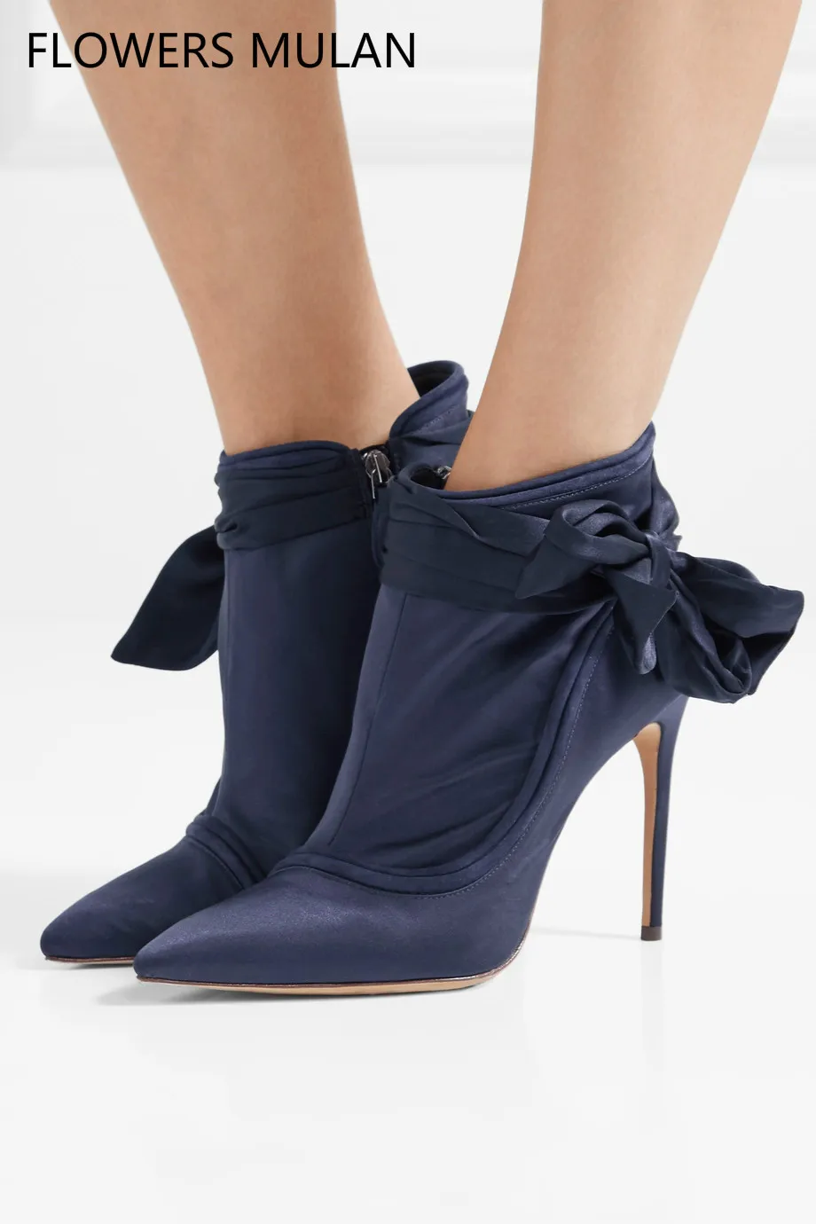 

Spring New 2018 Fashion Elegant Lady Boots Slik Satin Upper Pointed Toe Ankle Shoes Sweet Bowtie High Thin Heels Big Size Boot