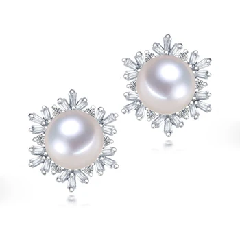 

RUNZHUQIYUAN 2017 100% natural freshwater pearl stud earrings 925 Sterling Silver Zircon Jewelry 11-12 Pearl For Women Best Gift