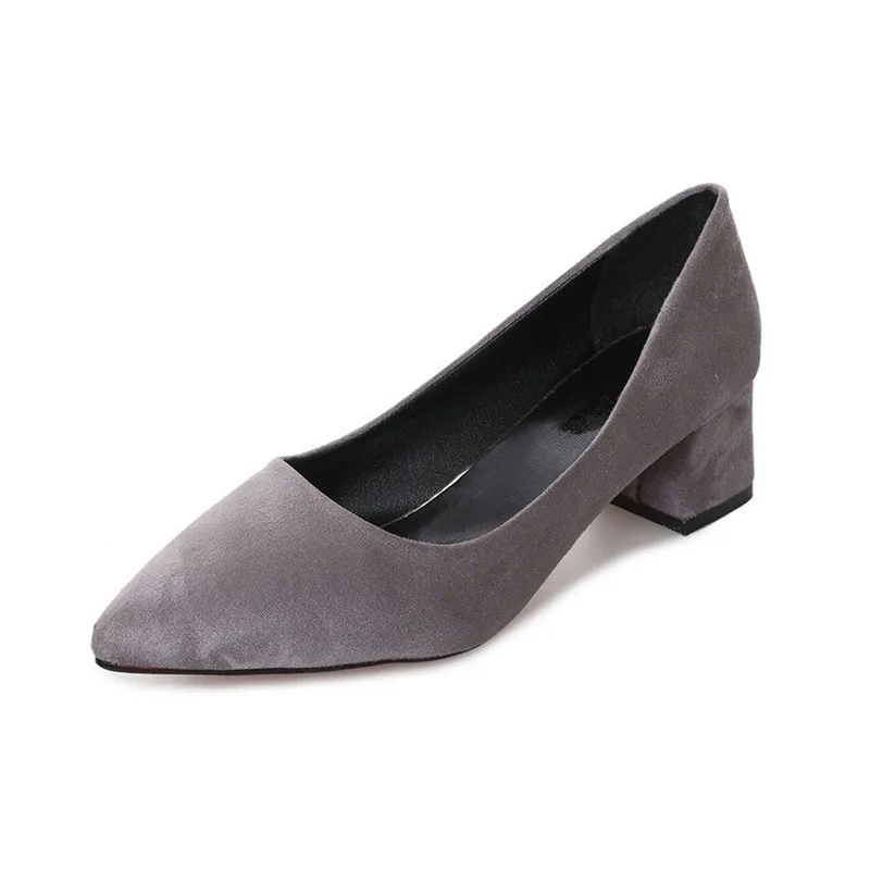 DRFARGO Women Worker Shoes 5cm Block Mid High Heels Classic Sexy Pointed Toe Flock Shallow Slip on Pink Red Black Grey SHOES