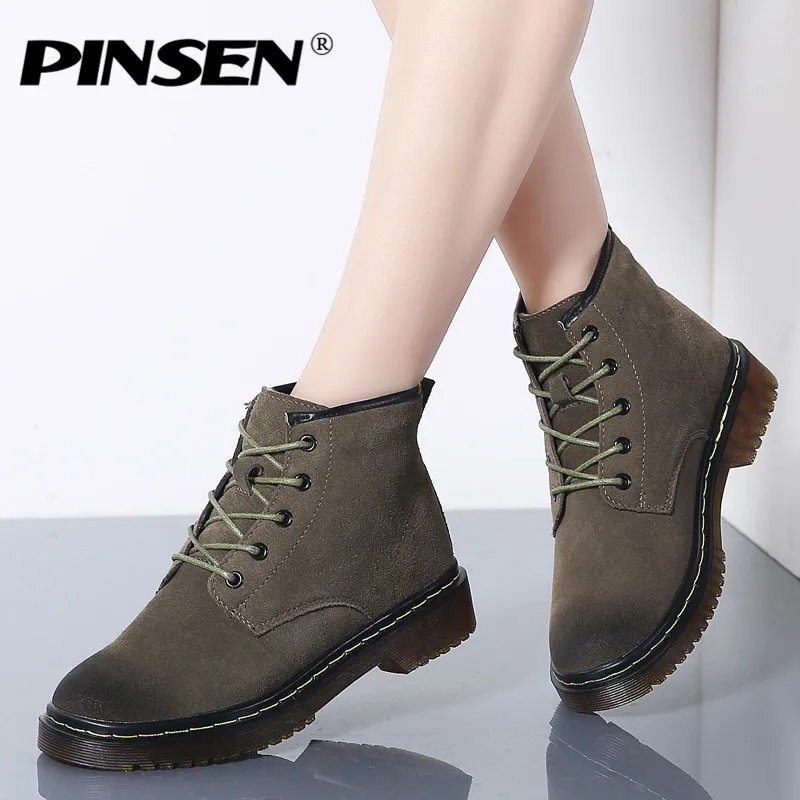 Classique Autumn winter Moto Army Green Black Brown up autumn En Peluche Green Bottes Dentelle winter Chaud Brown Femmes Cuir Daim Haute Hiver autumn Qualité Pinsen Neige Black winter 2019 Cheville USLqzVpGM