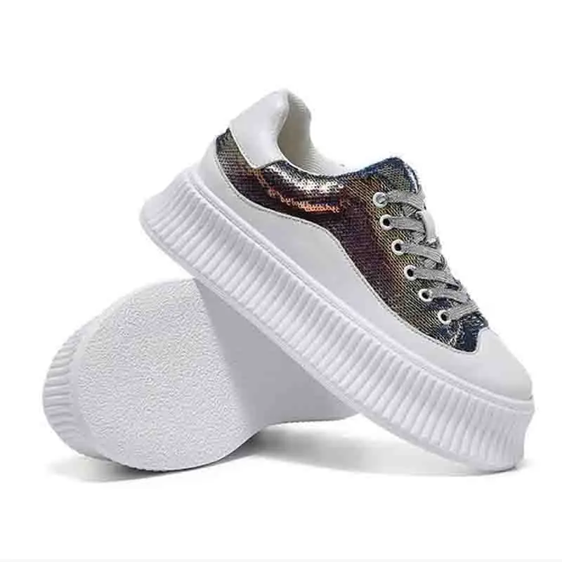

Genuine Leather Sequin Women's Platform Sneakers 2019 Fashion Women White Black Shoes ladies Casual Chunky Trainers Breathable