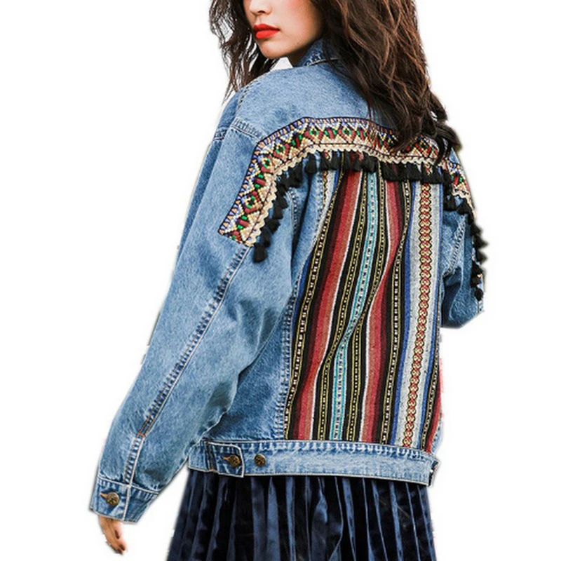 

EXOTAO 2017 Autumn Vintage Jeans Jacket Ethnic Geometric Patchwork Jackets Long Sleeve Denim Jaqueta Femme Casual Female Coat