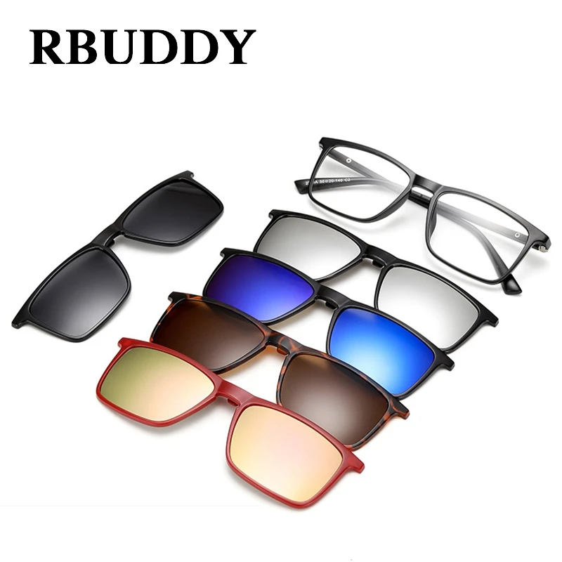

RBUDDY Magnet Sunglasses Clip Driving Mirrored Clip on Sunglasses TR90 Men square Polarized Clips Myopia clear glasses frame