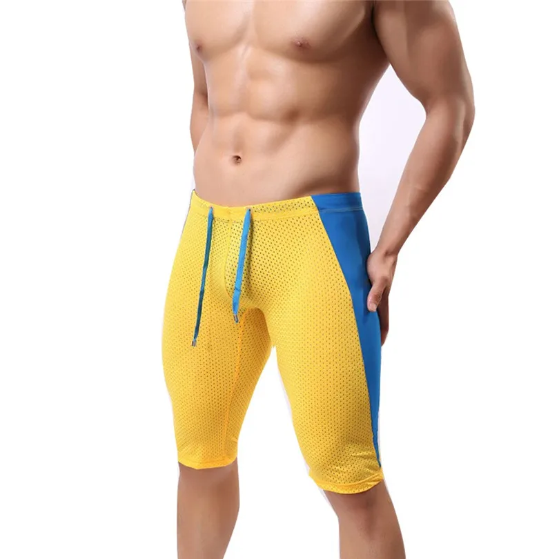 Сексуальные мужские шорты эластичные тонкие облегающие Короткие Фитнес Спортивные лосины бои шорты для мужчин велосипедист бегун Мужские шорты стреч - Цвет: Цвет: желтый
