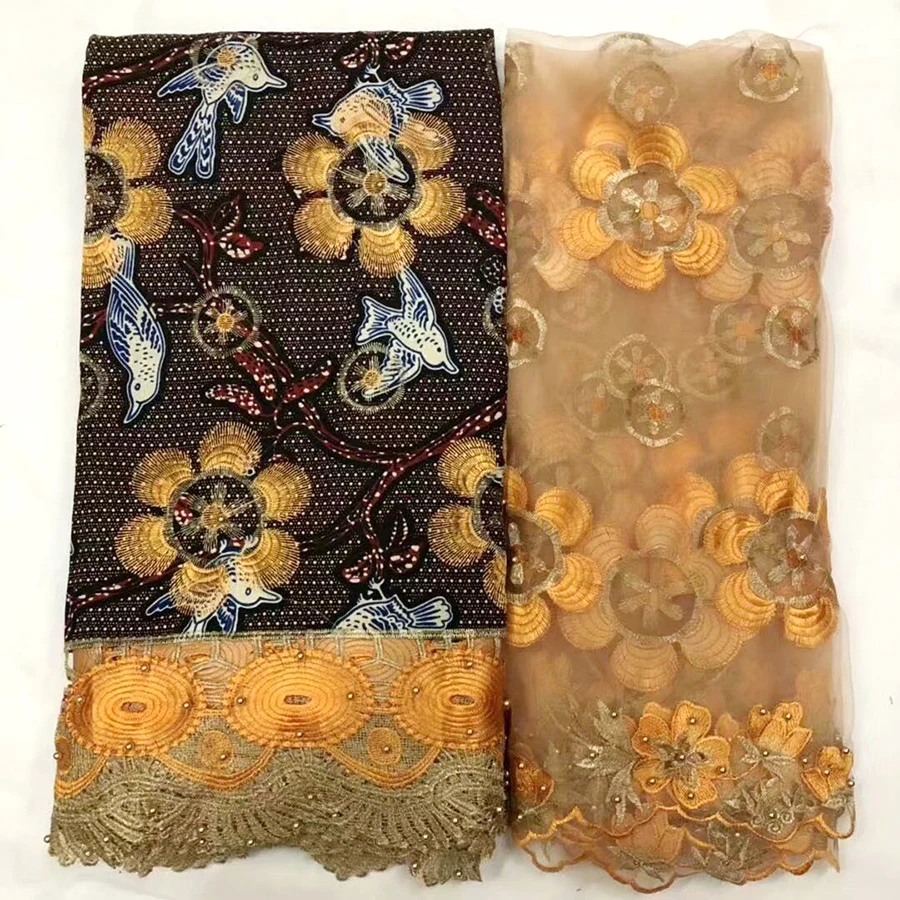 

2018 Hot Sale wax hollandais High Quality African Wax Lace Fabric 6 yards and 2 yards net lace fabric for party dress