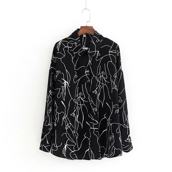 Корейская версия, свободные рубашки, Топ для женщин, весна-лето, плюс размер, 4XL, с длинным рукавом, с принтом, блузки, женская мода, шифоновые блузки, G91 - Цвет: black