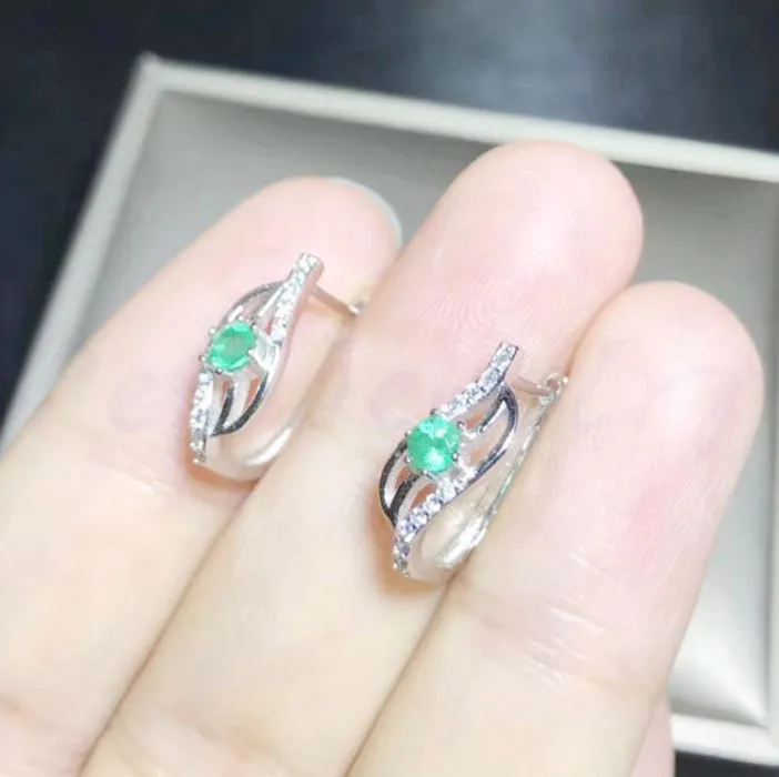 

Natural emerald hoop earring Free shipping Origin real emerald 925 sterling silver 0.15ct*2pcs gemstone #YH18073010