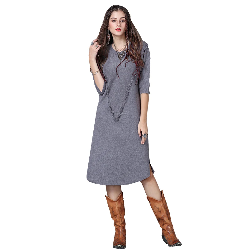 

Autumn Winter Long Sweater Women Half Sleeve Elastic Slim Sweater Women Knitted Dress Gray Red Solid Color