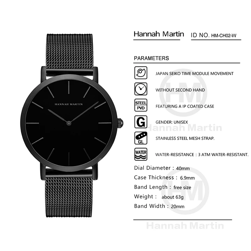 Hannah Martin Simple Dial Design Women Watches Luxury Fashion Dress Quartz Watch Popular Brand Black Ladies 5