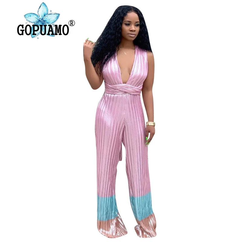 

Pink Blue Pleated Rompers Women Jumpsuit Deep V Neck Sleeveless Long Wide Leg Bodysuit Casual Cross Backless Full Length Overall