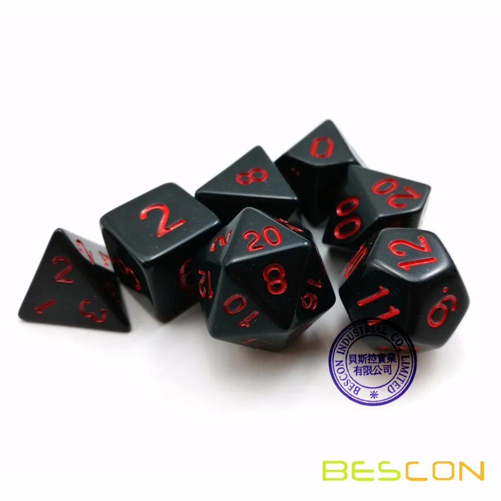 Bescon Polyhedral Dice Set Opaque Black with Red Numbers, Black RPG Dice Set of 7 d4 d6 d8 d10 d12 d20 d% Brick Box Pack 3