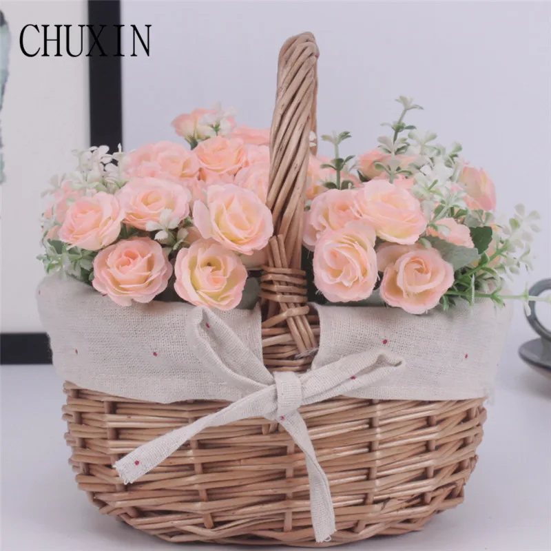

1set country style basket + roses and pineapple grass artificial flowers family decoration fake flowers holiday gifts